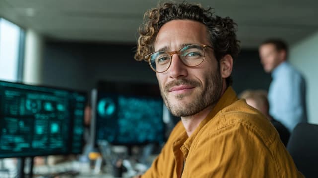 Professional marketer working on website development tasks at a computer in a modern office.