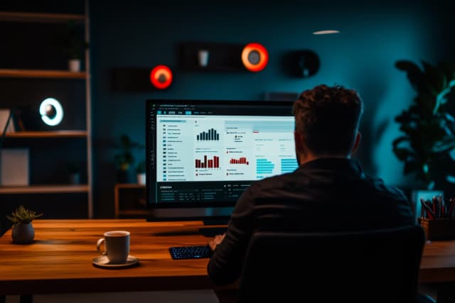 Professional analyzing SEO & GEO dashboards and data on a large monitor in a modern workspace.